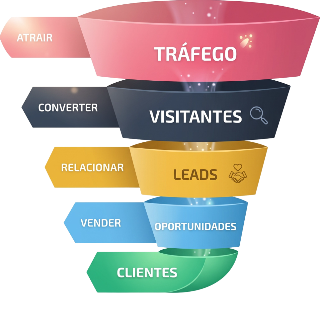 Funil de Conversão Estúdio 18 - Tráfego, Visitantes, Leads, Oportunidades, Clientes